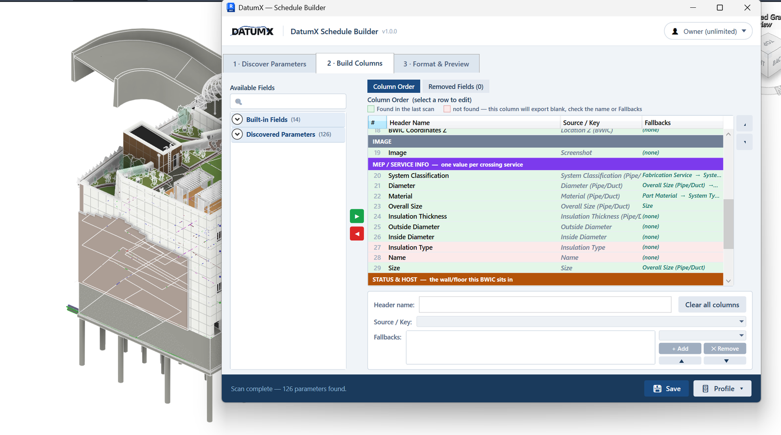 DatumX Schedule Builder — Build Columns tab mapping BWIC parameters to schedule headers with fallback values