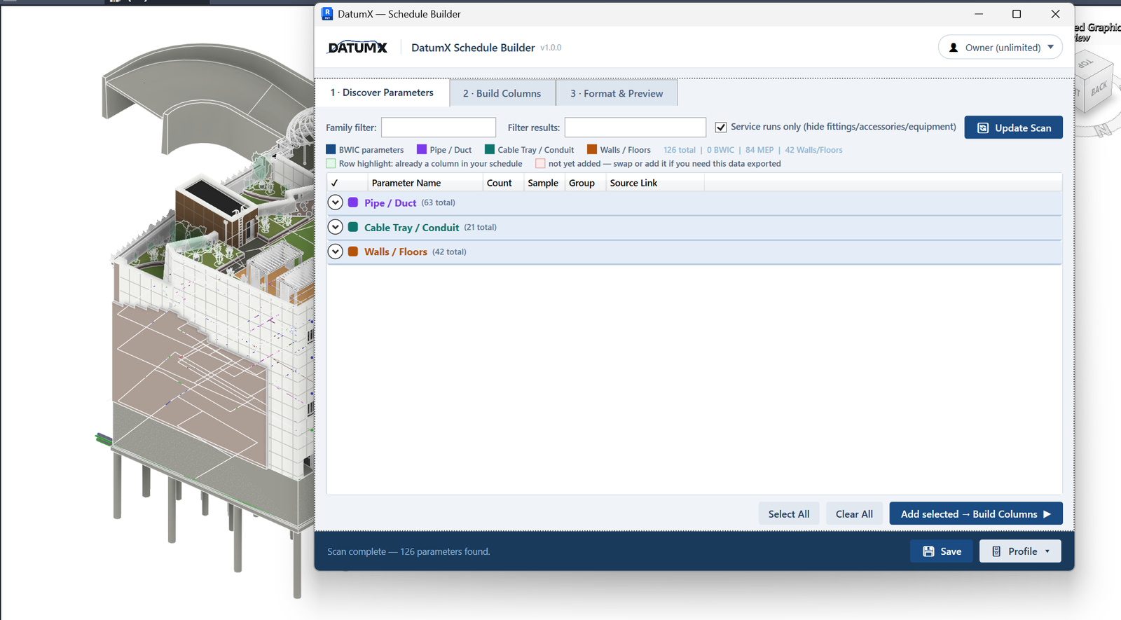 DatumX Schedule Builder — Discover Parameters tab showing 126 parameters found across Pipe/Duct, Cable Tray/Conduit and Walls/Floors